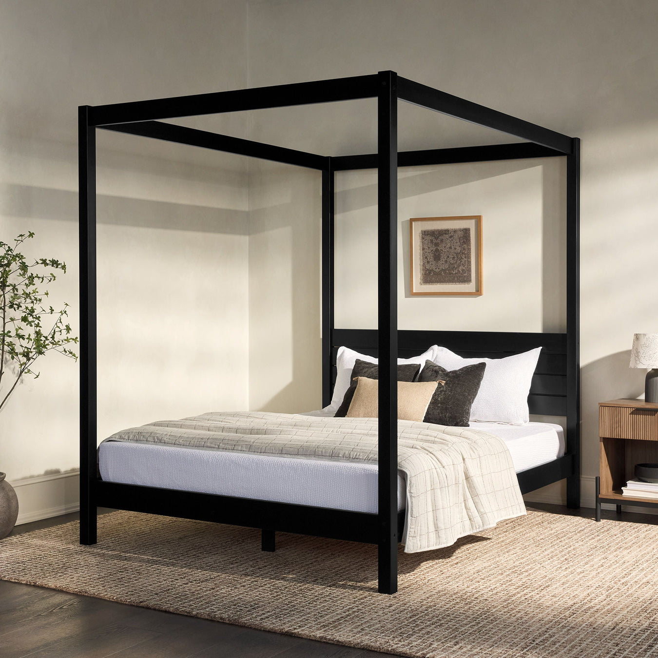 bedroom canapy bed black industrial farmhouse look