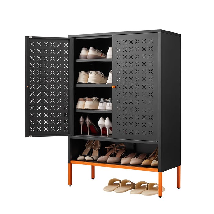 Grid Double Door Shoe Cabinet With Adjustable Compartments And Moisture-Proof Design In White Metal