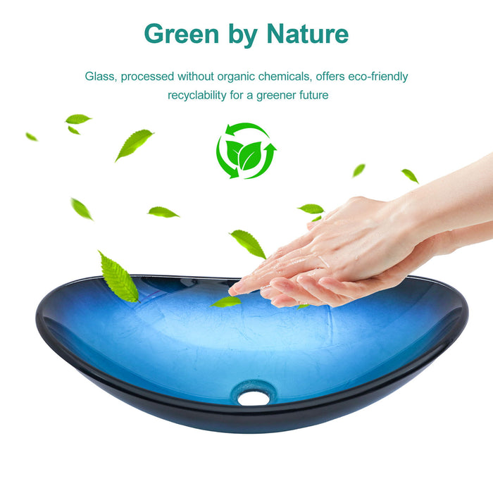 Tempered Glass Vessel Sink With Boat Shape Pop-Up Drain