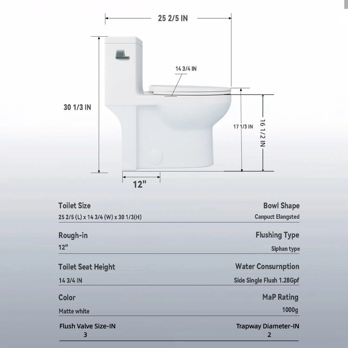 Gloss Tornado Flush 1 Piece Elongated Toilet With Siphonic Side Press, ADA Comfort Chair Height - Gloss White