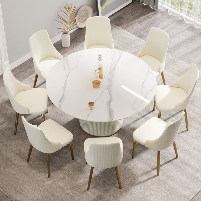 Modern Artificial Stone Round Plywood Base Dining Table, Can Accommodate 8 People, (Not Including Chairs) - White / Beige