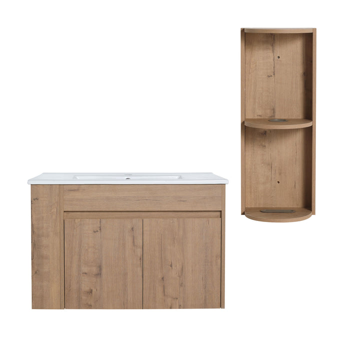 Modern Wall Mounted Bathroom Vanity With Sink And Storage Rack Soft Close Doors Plywood - Imitative Oak