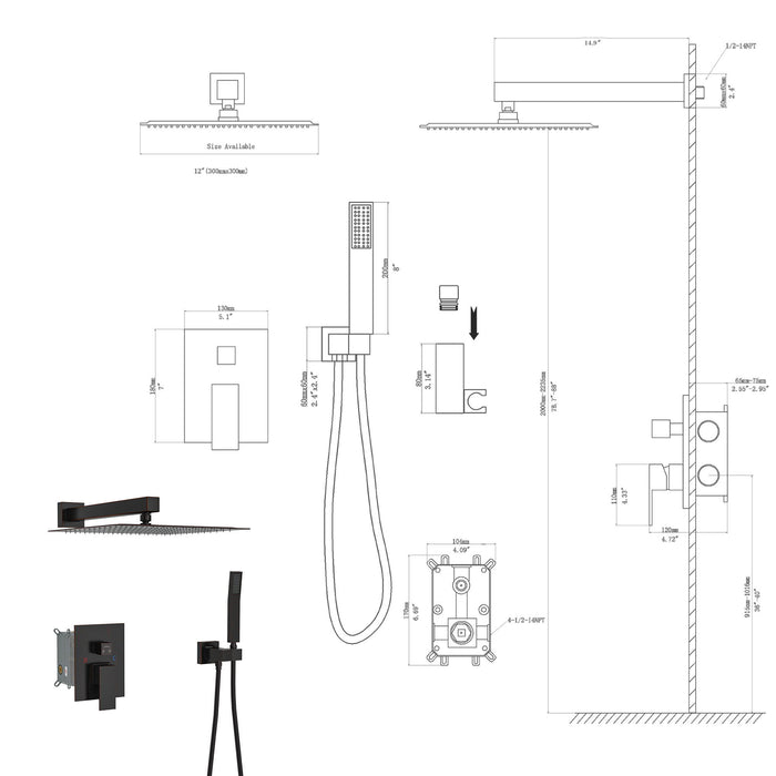Dual Shower Head System With 12" Wall Mounted Square Rain Shower And Rough In Valve
