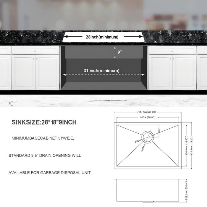 Undermount Stainless Steel Kitchen Sink, Deep Single Bowl Basin
