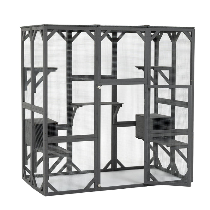 Outdoor Cat House Wooden Catio Enclosure With Cover - Large Cat Cage With Jump Platforms And Condos, Weatherproof - Gray