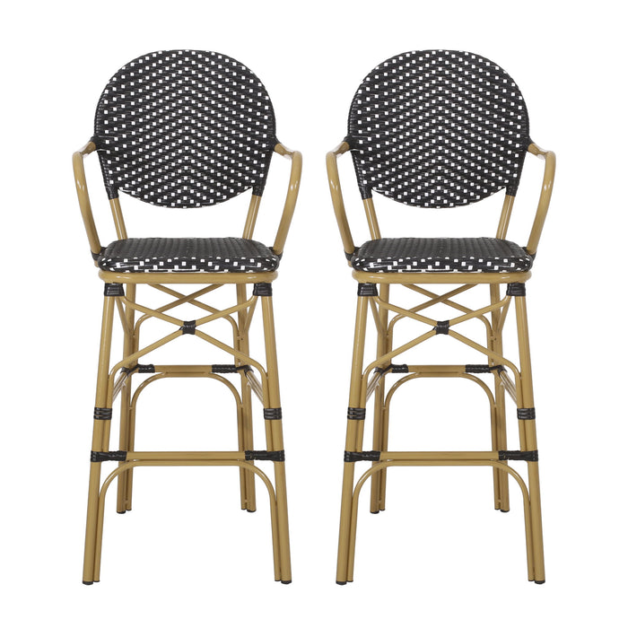 Outdoor Wicker And Aluminum French Barstools (Set of 2)