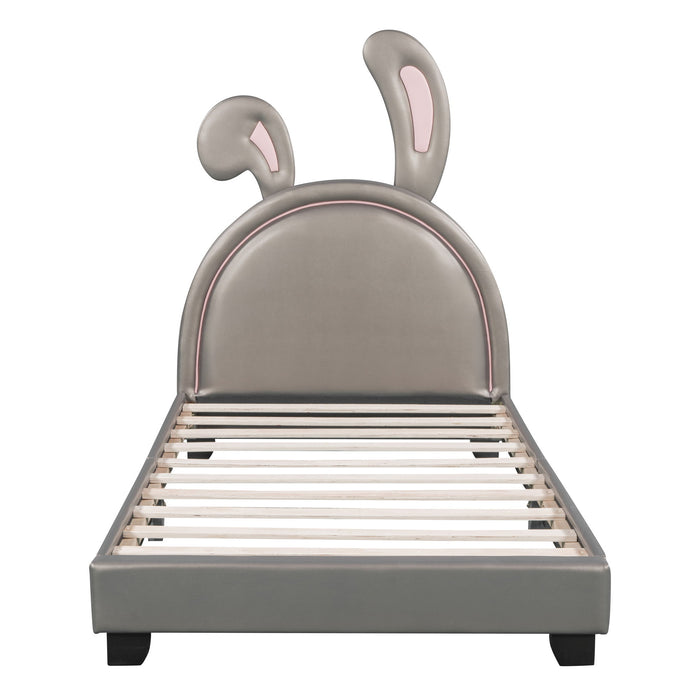 Upholstered Leather Platform Bed With Rabbit Ornament
