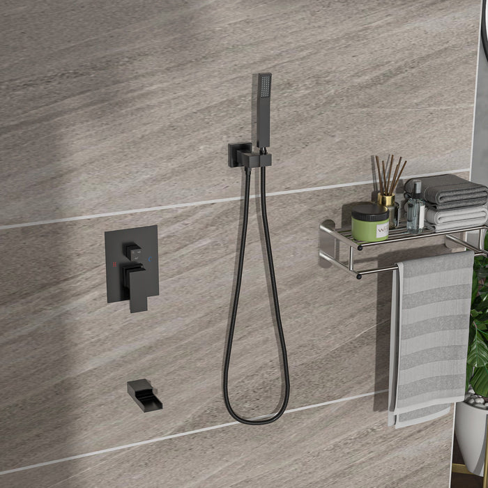 Wall Mounted Square Shower System With Rainfall Tub Spout And Handheld Shower, 10" - Matte Black