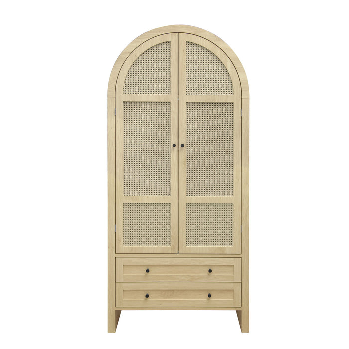 Tall Arched Kitchen Pantry, Arched Storage Display Cabinet With 2 Drawers & Adjustable Shelves, Rattan Door Versatile Storage Cabinet For Kitchen, Dining Room, Living Room - Natural