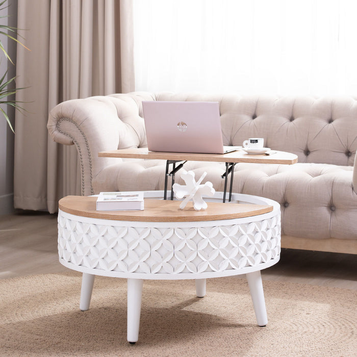 Round Coffee Table With Storage - White / Light Oak