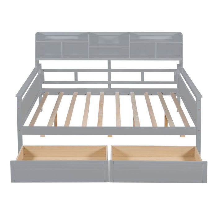 Daybed, Slat Support, With Bedside Shelves And 2 Drawers