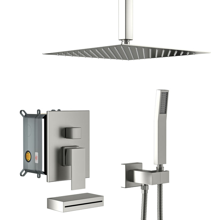 12" Ceiling Mount Square Shower System With Waterfall Tub Spout And Handheld Shower