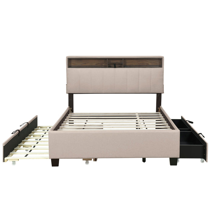 Upholstered Platform Bed With Storage Headboard, Trundle & 2 Drawers And A Set Of Sockets & USB Ports
