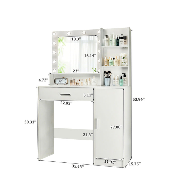 Vanity Desk With Mirror And Adjustable LED Lights, 3 Lighting Modes, Drawer And Storage Cabinet - White