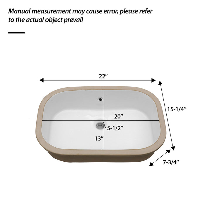 Undermount Bathroom Sink 22" X 15.25" With Overflow Sleek, High Temperature Fired, Stain Resistant, Smooth Polished Surface - White