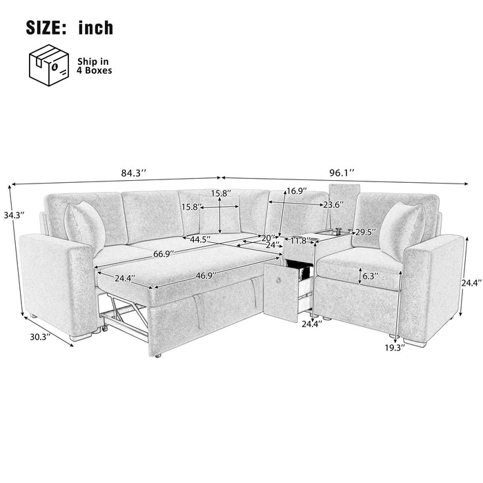 Contemporary L Shaped Convertible Sofa Bed With Pull Out Bed, Cup Holders, And Storage