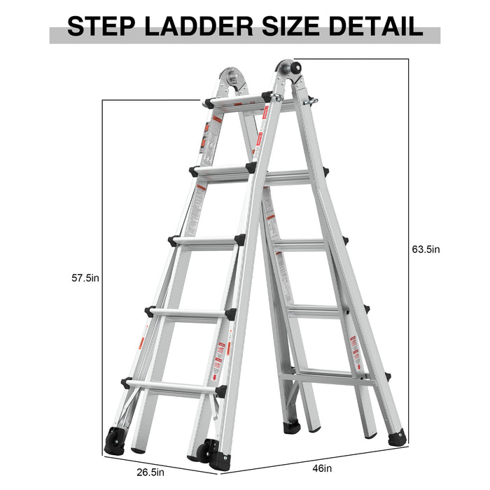 22' Aluminum Multi-Position Ladder With Wheels, 300 Lbs Weight Rating - Metallic Gray
