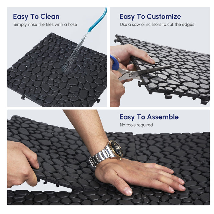 Interlocking Deck Tiles Plastic Waterproof Outdoor All Weather Anti-Slip Bathroom Shower Balcony Porch Strong Weight Capacity Upto 440 Lbs, Pebble Stone Pattern