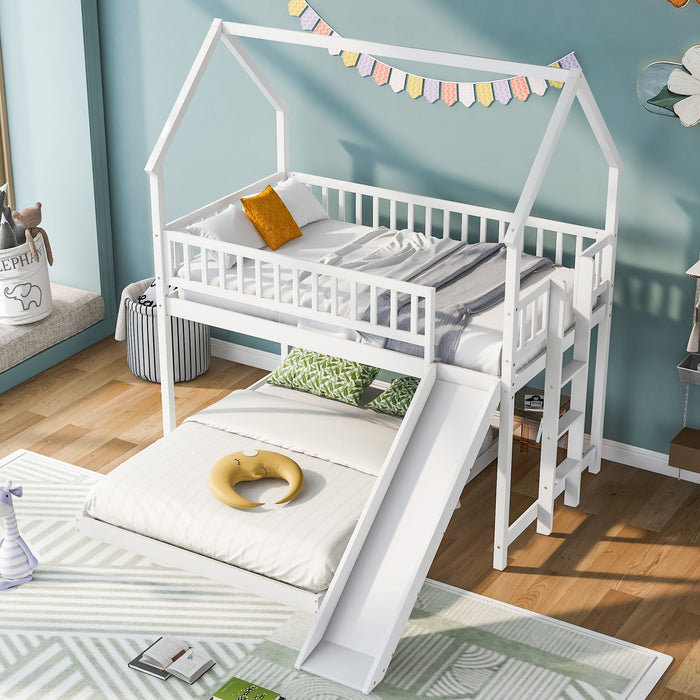 Hearth & Haven - Twin Over Full House Bunk Bed With Slide, Built In Ladder And Full Length Guardrail - White
