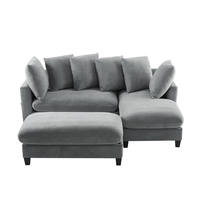 Upholstered L Shaped Sectional Sofa With Storage, Movable Ottoman, And 6 Throw Pillows