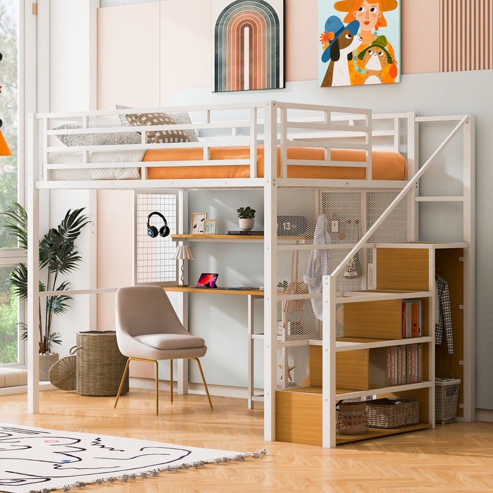 Metal Loft Bed With Wardrobe, Desk, Storage Shelves