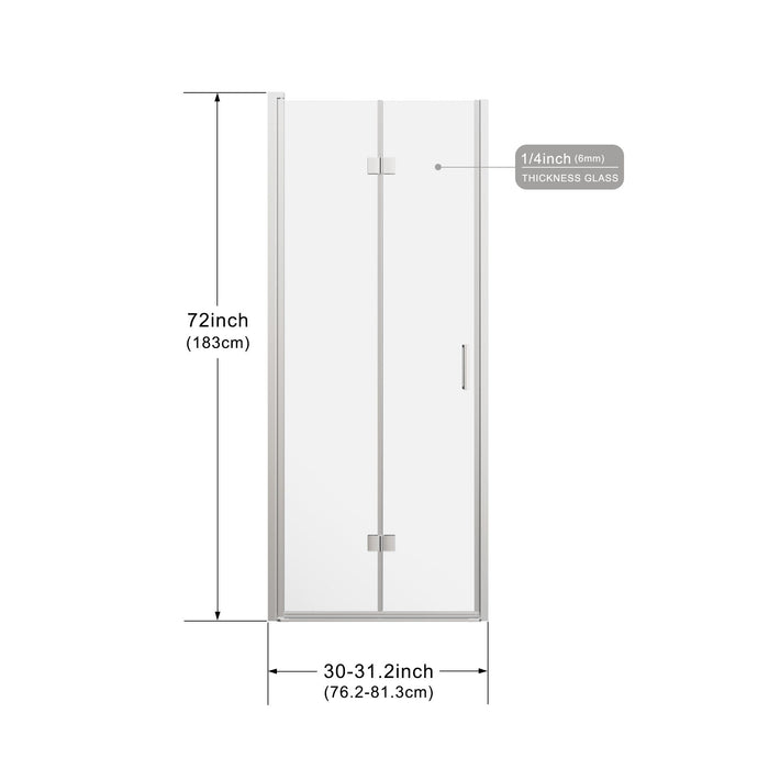 Frameless Bi Fold Shower Doors 30" W X 72" H - Chrome