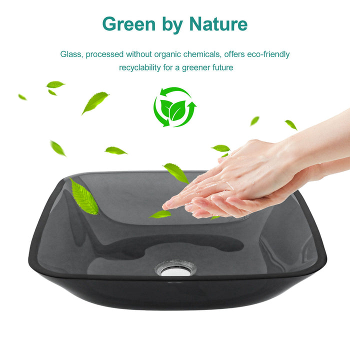 Square Vessel Sink For Bathroom, Above Counter Design With Pop Up Drain, Smooth Rounded Edges - Grey