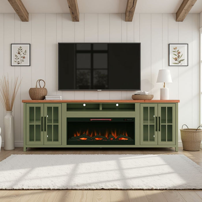 Vineyard - 97" Fireplace TV Stand Console For TVs Up To 100" - Sage Green And Fruitwood Finish
