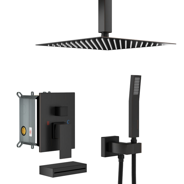 Shower System With Waterfall Tub Spout And 12" Ceiling Mount Square Shower Head - Oil-Rubbed Bronze