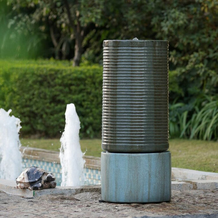 Large Modern Cylinder Ribbed Tower Water Fountain, Contemporary Outdoor Bird Bath