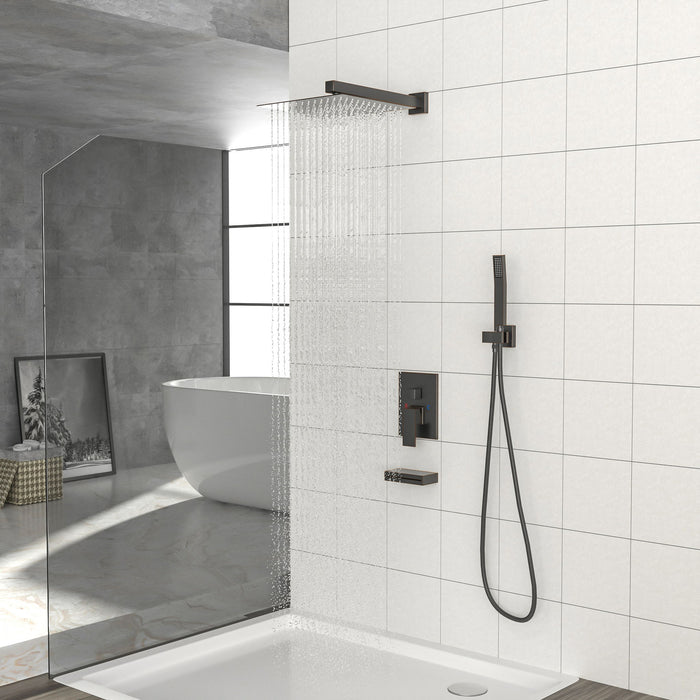 Square Shower System With Waterfall Tub Spout And Rough In Valve, Wall Mounted