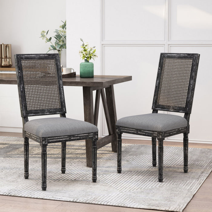 French Country Dining Chair With Rectangular Cane Backrest And Smooth Upholstered Seating
