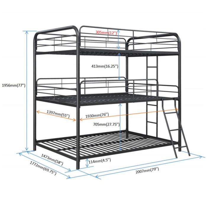 Triple Bunk Bed, Full Size With Sturdy Metal Frame And Safe Stairs - Black