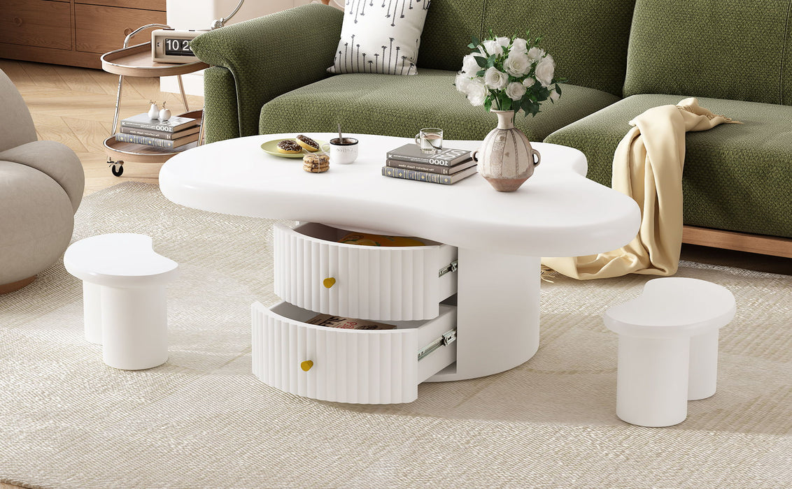 Cloud - Coffee Table (Set of 3), Irregular Shape Coffee Table With 2 Drawers, 2 Small Stools For Living Room - White