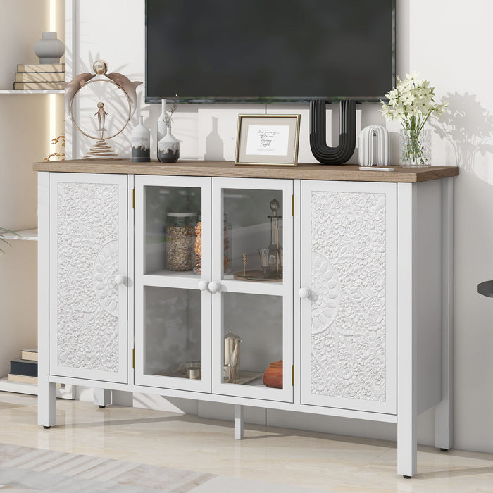 Retro TV Stand With 3 Spacious Cabinets, Glass Cabinet Doors And Anti-Tip Device