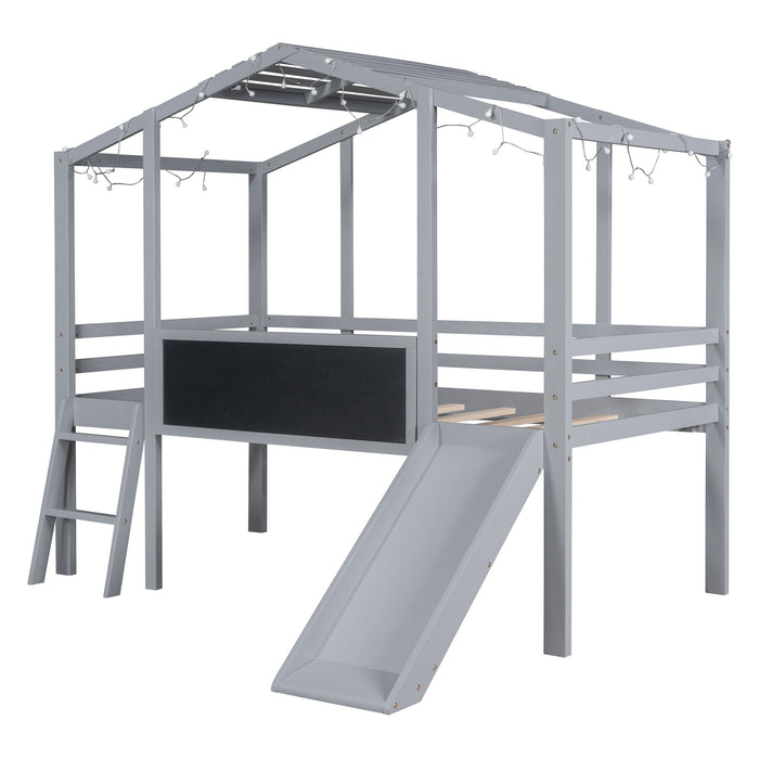 Loft House Bed With Ladder And Slide, With Blackboard And Light Strip On The Roof