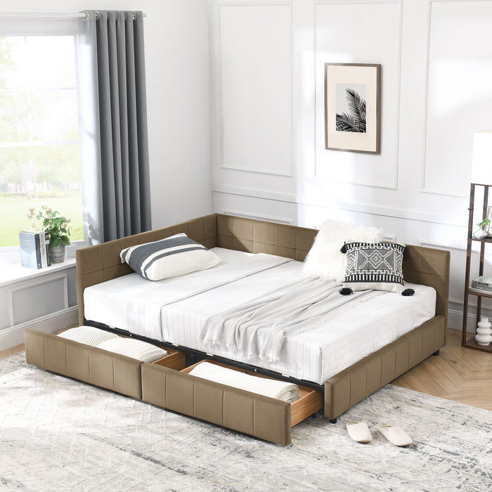 Mid-Century Storage Upholstered Tufted Bed Frame With Backrest And Armrests