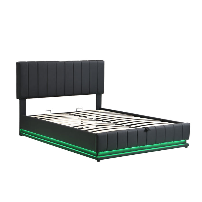 Upholstered Bed With Hydraulic Storage System And LED Light, With Sockets And USB Ports
