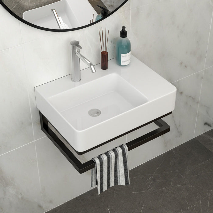 Wall Mounted Rectangular Bathroom Sink With Towel Bar And Faucet Hole - White