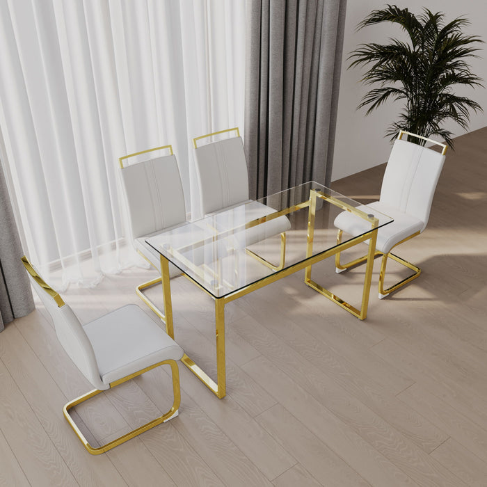 Modern Glass Dining Table Set For 4 With Golden Plating Legs And Chairs - Transparent