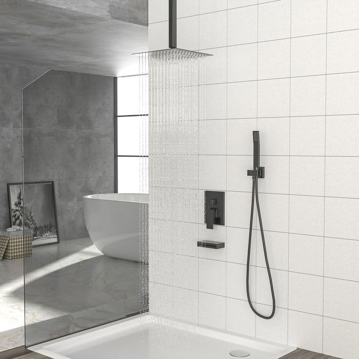 12" Ceiling Mount Shower System With Waterfall Tub Spout And Rough In Valve - Matte Black