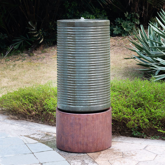 Large Modern Cylinder Ribbed Tower Water Fountain, Contemporary Outdoor Bird Bath
