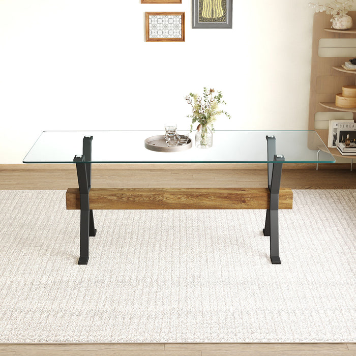 Elegant Tempered Glass Dining Table With X Shaped Metal Legs And Wood Grain Crossbeam - Black / Transparent