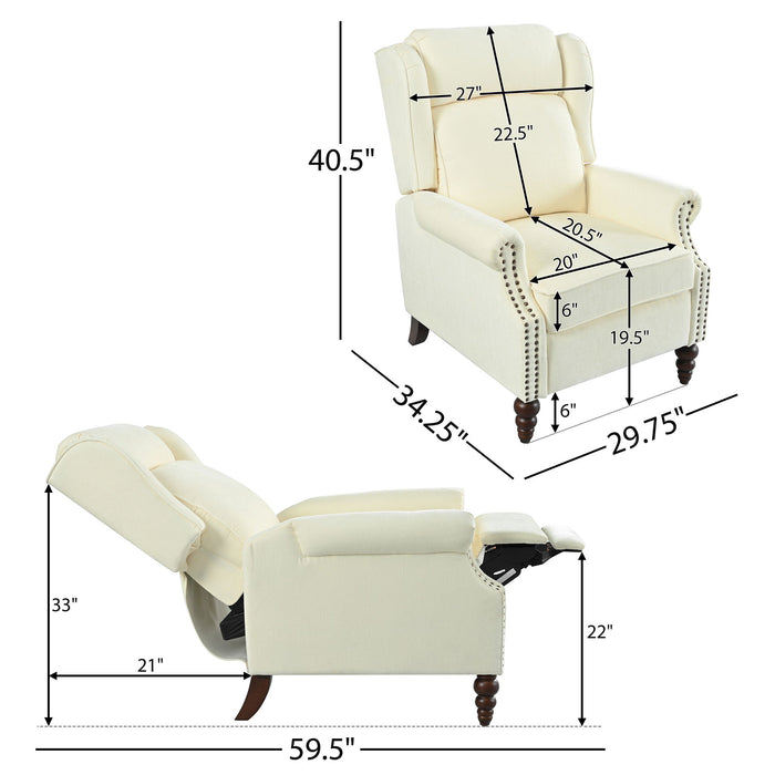 Push Back Recliner Chair Upholstered Recliner Armchair With Classic Wing Back And Solid Gourd-Shaped Legs