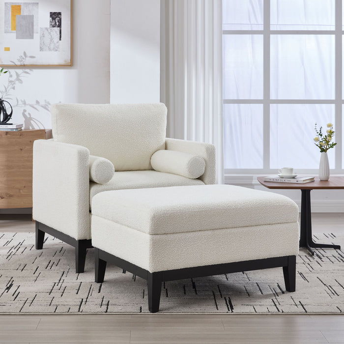Farmhouse Upholstered Accent Chair With Ottoman, Reversible Lid Coffee Table
