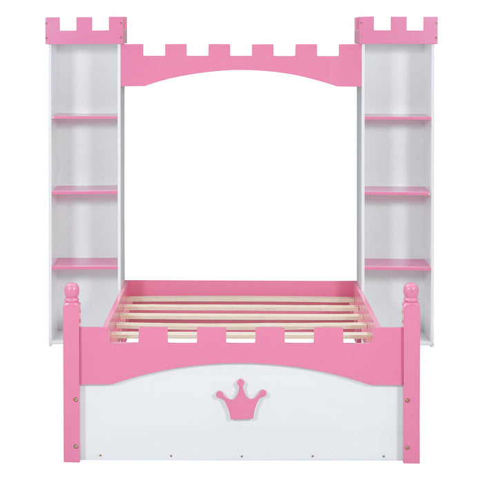 Castle Shaped Bed With Storage Shelf, Dreamy Platform Bed For Kids Bedroom