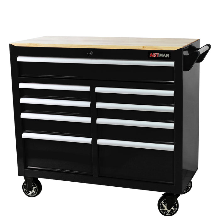 9 Drawer Multifunctional Steel Tool Cart With Wheels And Wooden Top