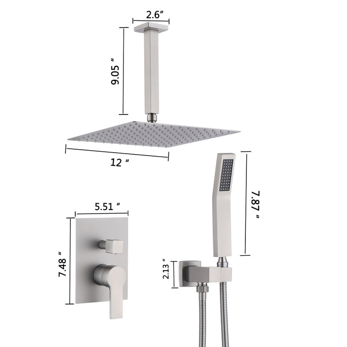 Luxury 12" Ceiling Mount Rainfall Shower System With Brass And Stainless Steel - Brushed Nickel