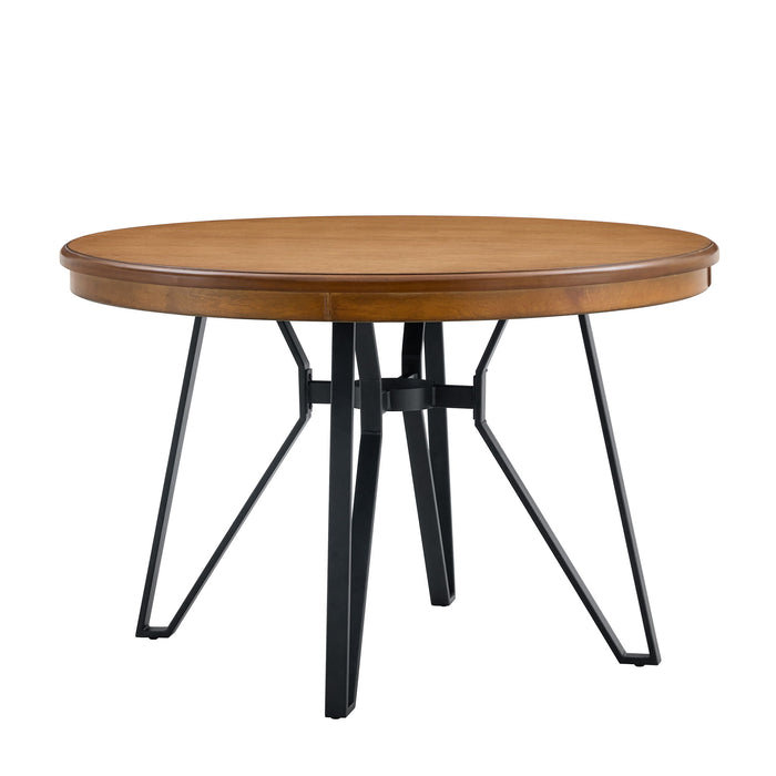 Mid Century Modern Round Dining Table With Metal Legs And Open Shelf