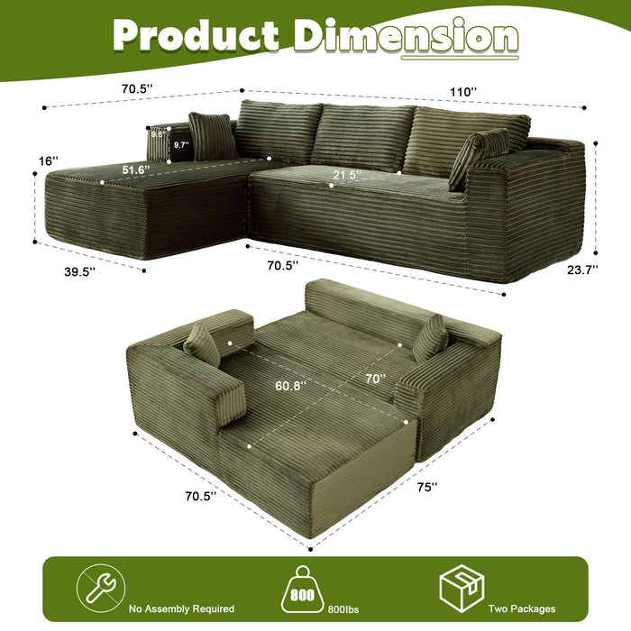 Compression Sectional Couch With Comfy Chaise, Boneless L Shape Sofa With Deep Seat